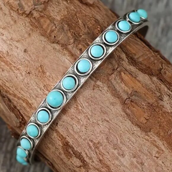 Southwest Bohemian Style Synthetic Turquoise & Silver Plated Bracelet - Picture 3 of 3